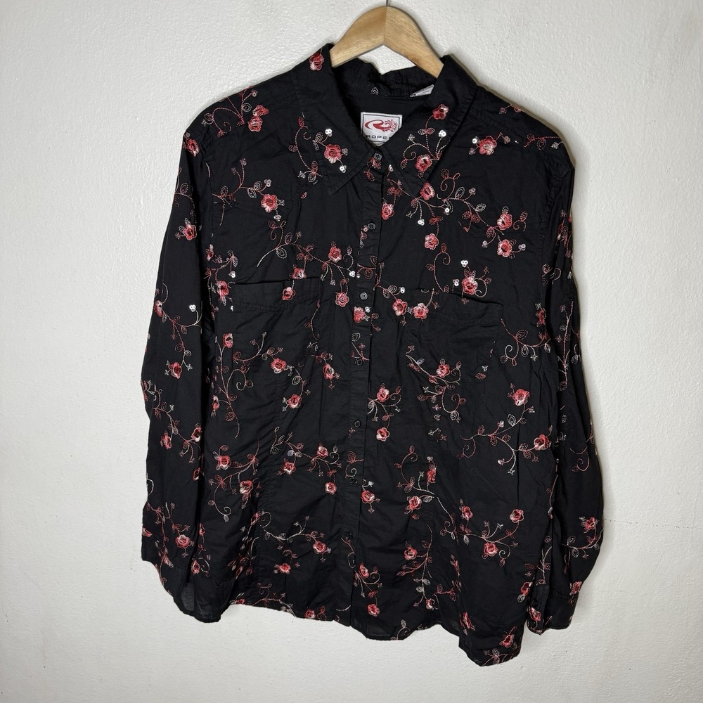 Roper‎ Black Pink Red Floral Embroidered Long Sleeve Button Up Shirt Women's 3X